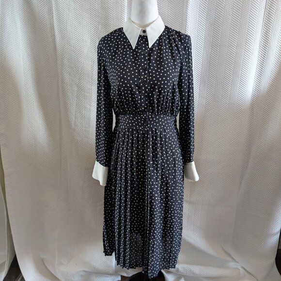 Zara Polka Dot Chiffon Pleated Dress Navy Blue White Collar Cuffs Size Small - Picture 1 of 13